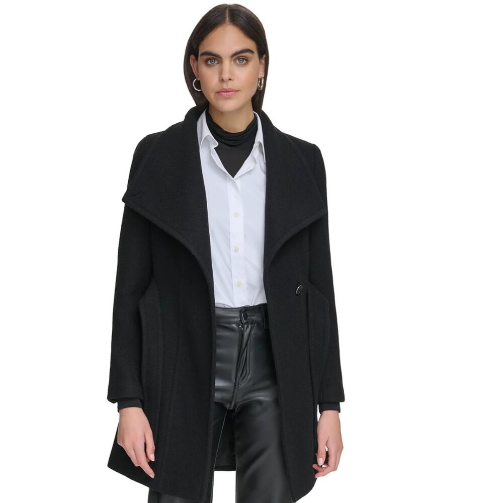 Calvin Klein Asymmetrical Belted Wrap Coat, Small, Black